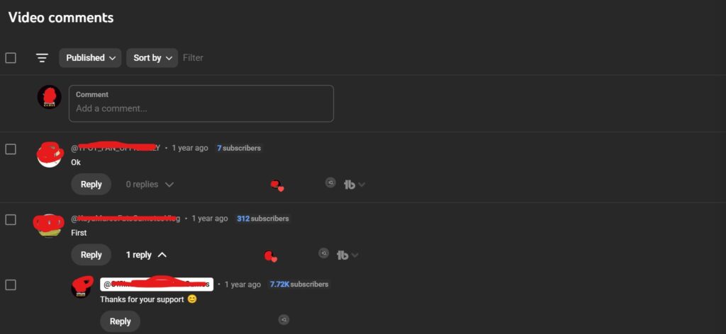 YouTube Studio comments