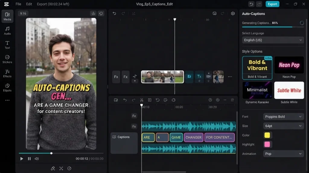 AI caption generation inside CapCut or Descript