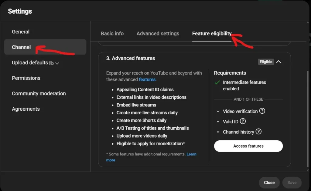 Advanced Features page inside YouTube Studio