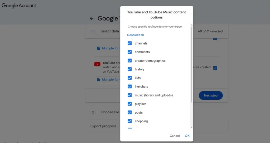 Google Takeout Categories
