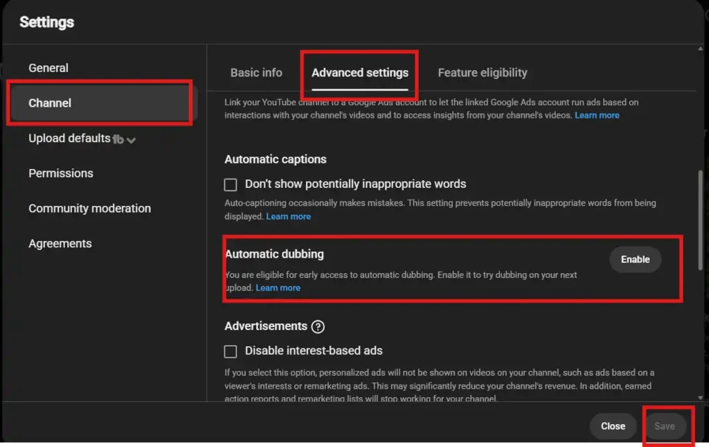 Youtube Auto Dubbing setting