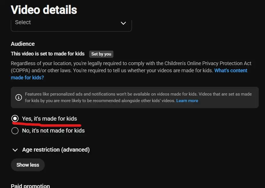 Youtube Made for kinds videos setting